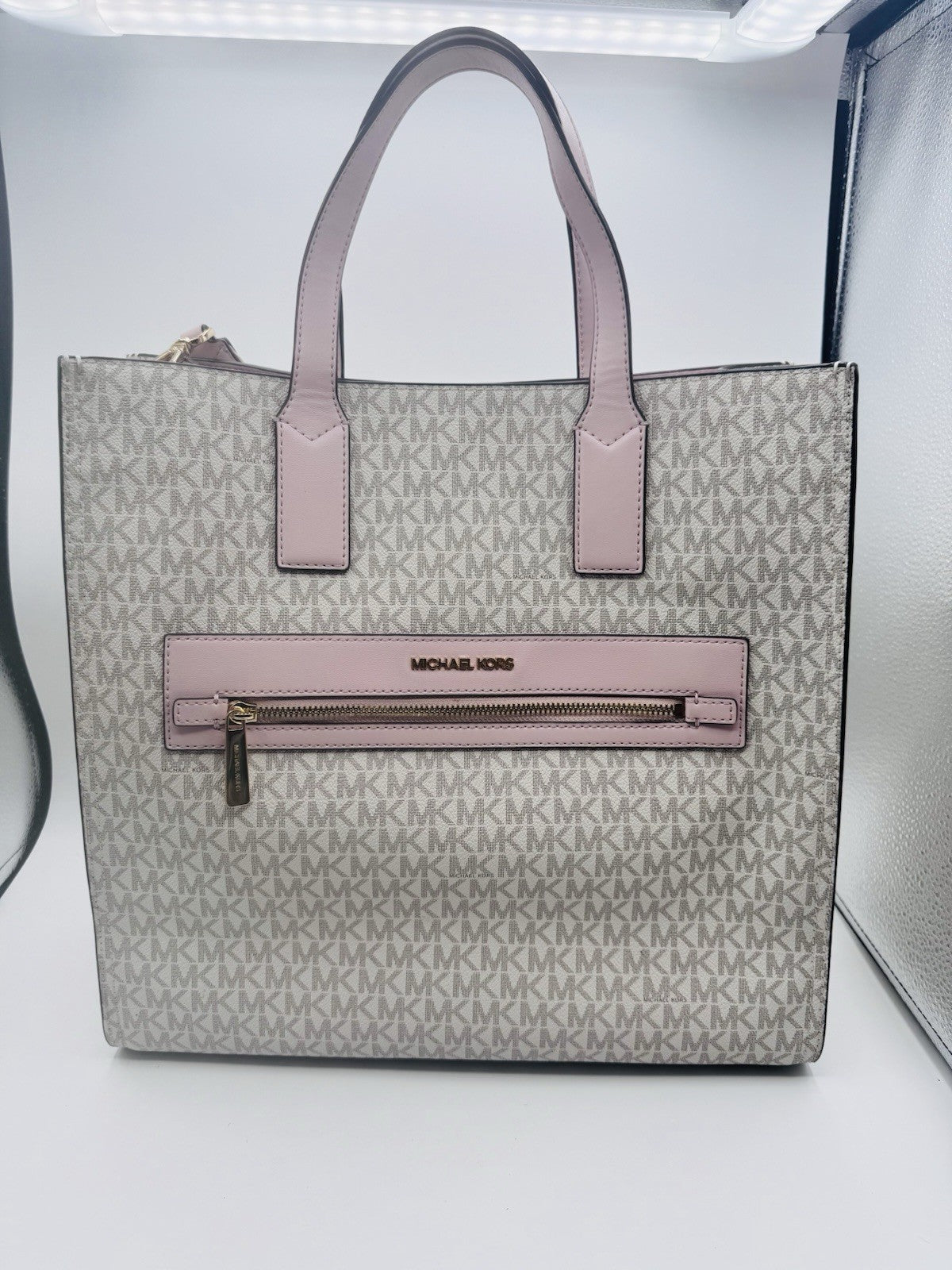 Michael Kors Kenly Large North South Tote PVC Leather White Pink MK Signature