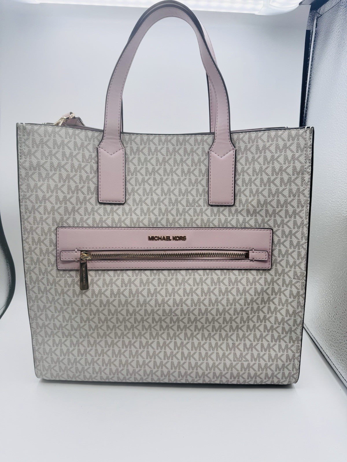 Michael Kors Kenly Large North South Tote PVC Leather White Pink MK Signature