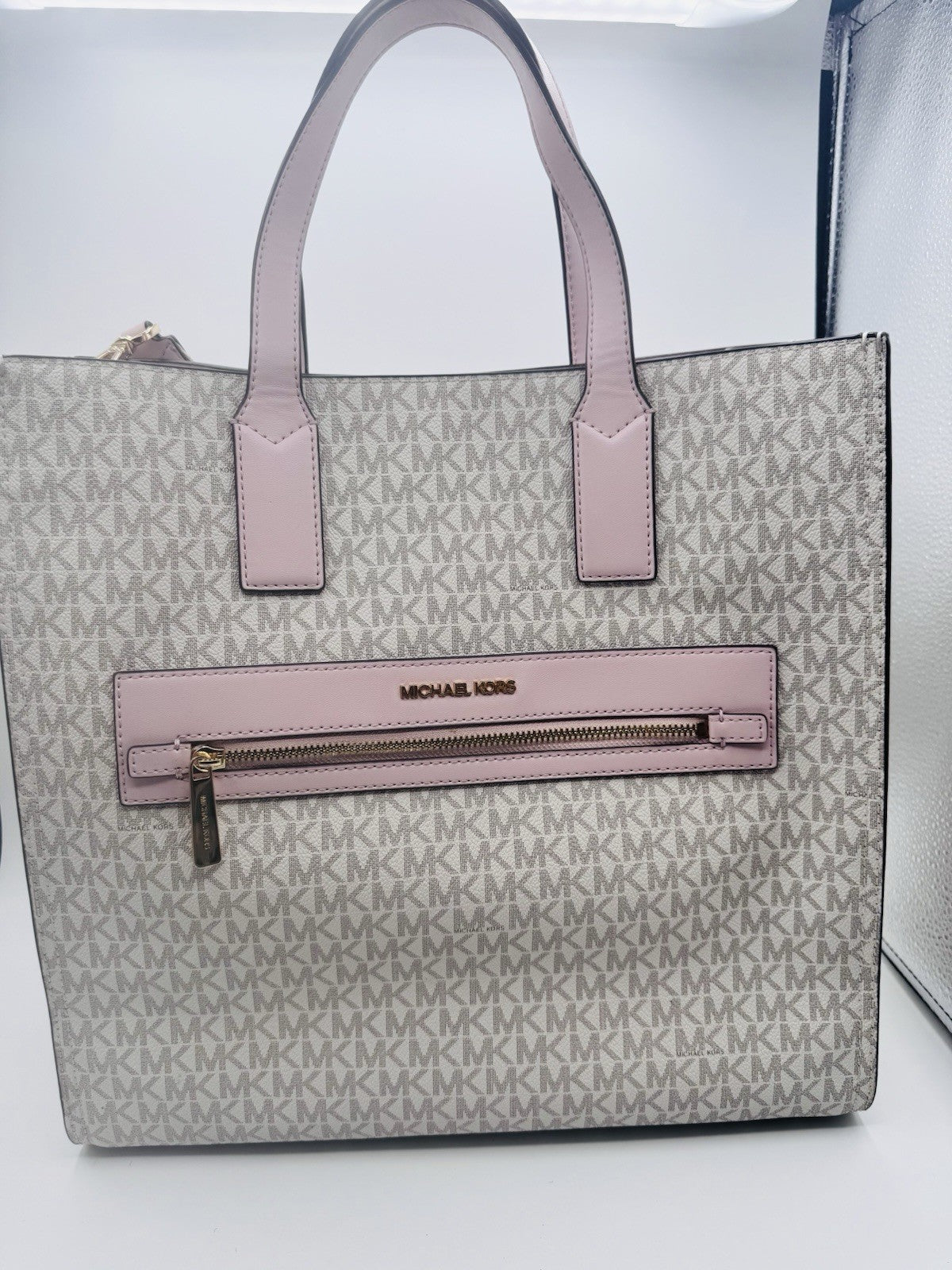 Michael Kors Kenly Large North South Tote PVC Leather White Pink MK Signature