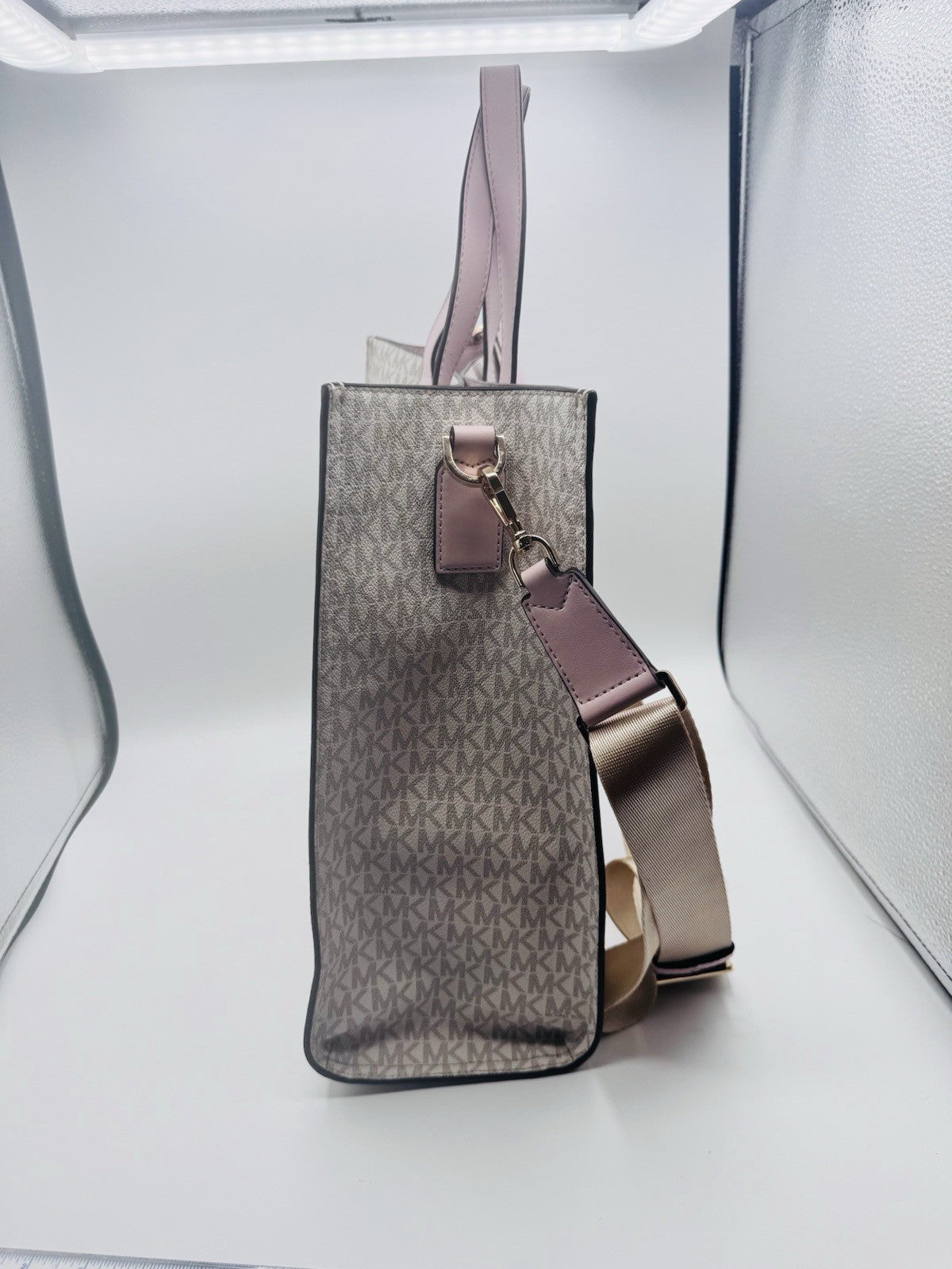 Michael Kors Kenly Large North South Tote PVC Leather White Pink MK Signature