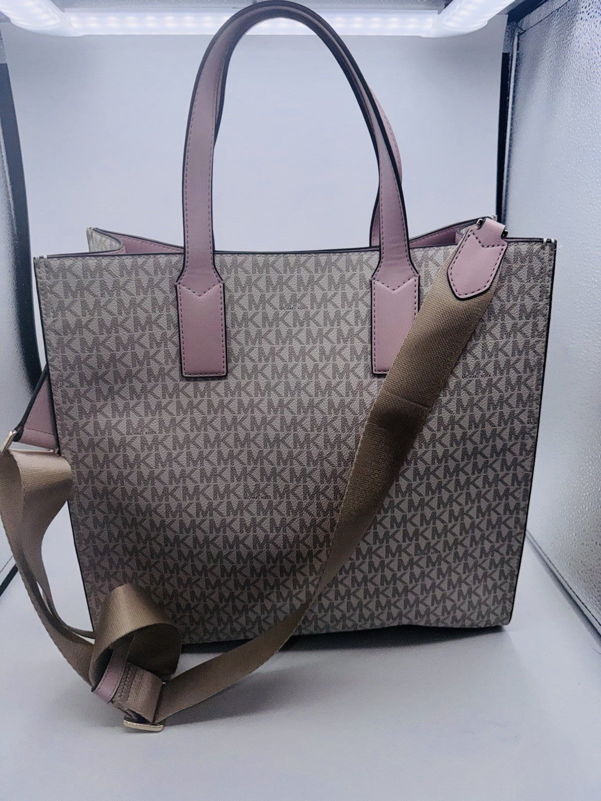 Michael Kors Kenly Large North South Tote PVC Leather White Pink MK Signature