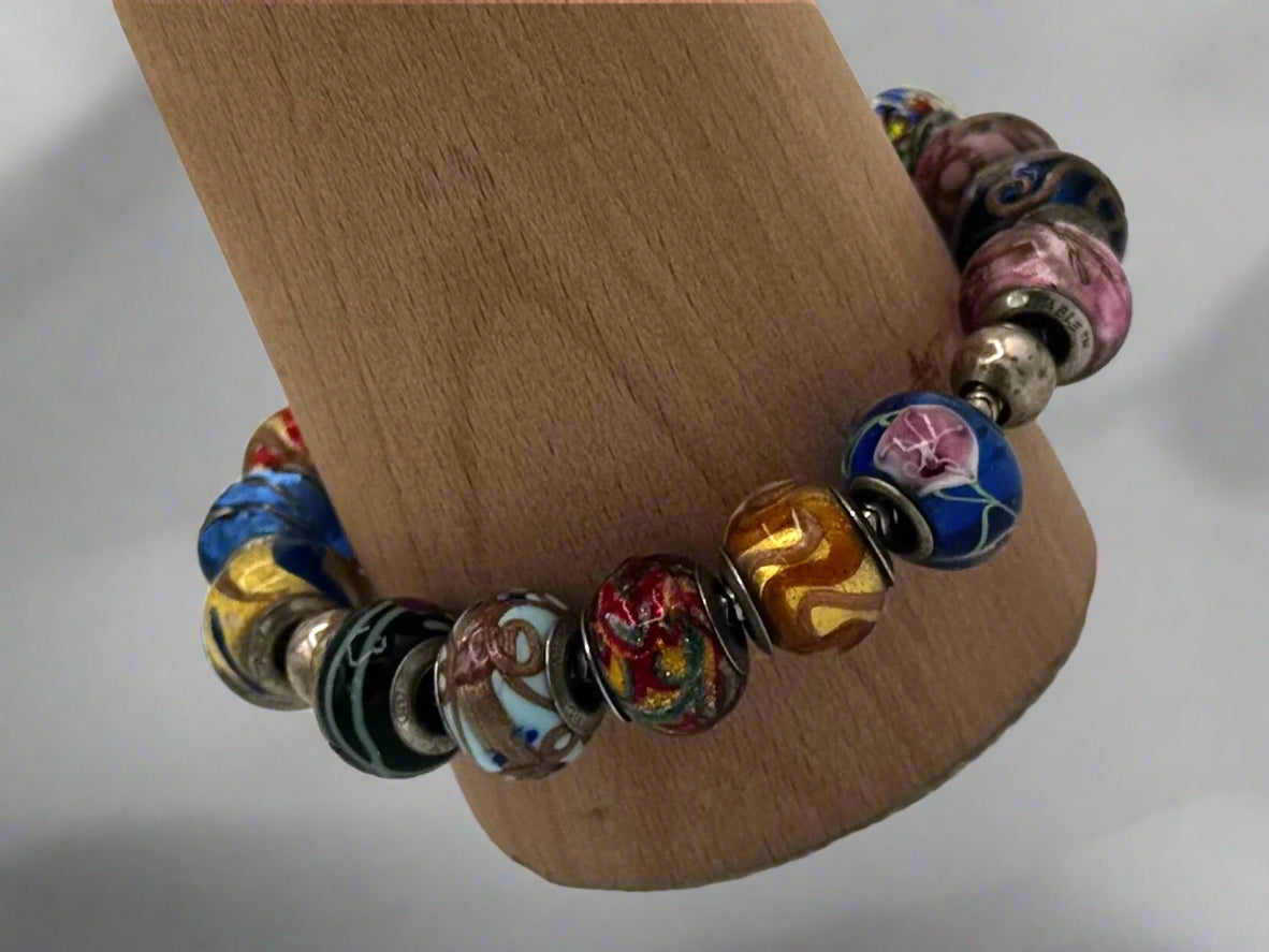 Sterling Silver Murano Glass Bead Bracelet – Vibrant Artisan Lampwork Charm Jewelry