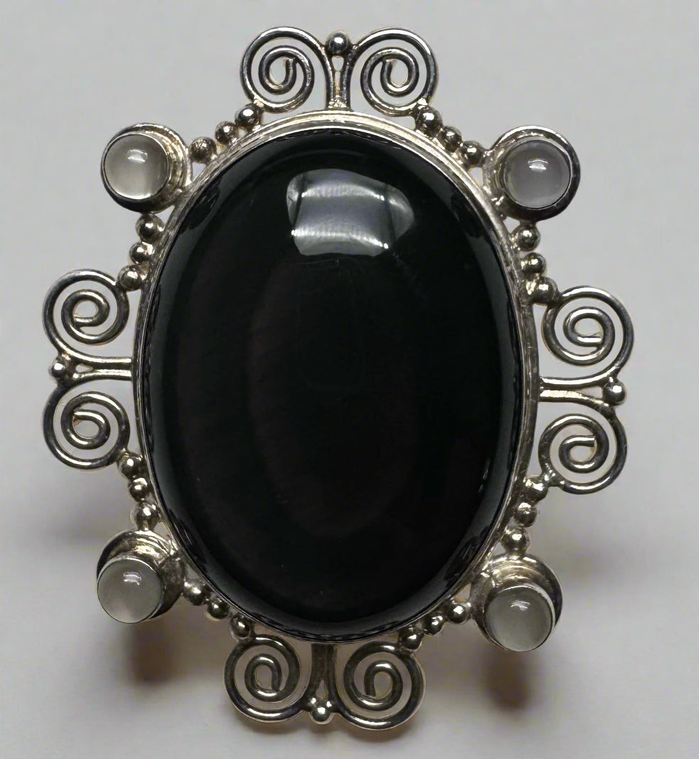 Sajen Sterling Silver Sheen Obsidian & Moonstone Brooch Pendant