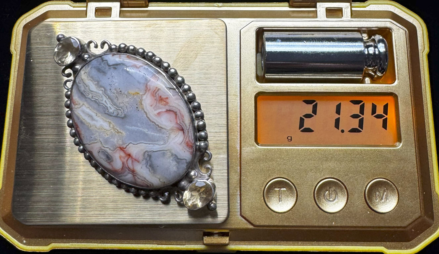 Sajen Sterling Silver Crazy Lace Agate & Citrine Brooch Pendant