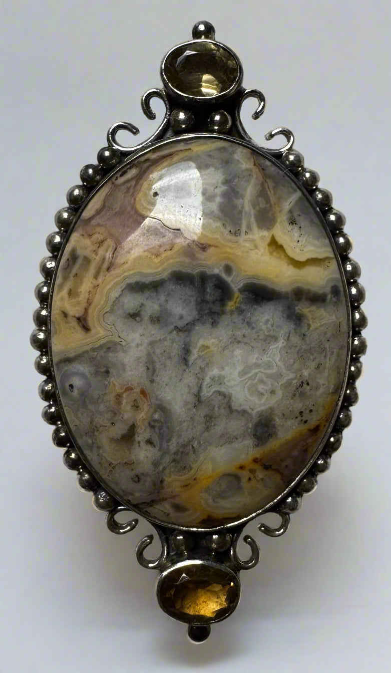Sajen Sterling Silver Crazy Lace Agate & Citrine Brooch Pendant