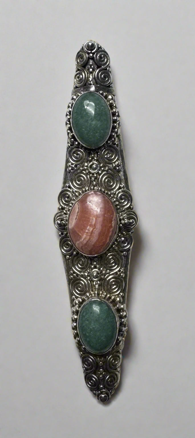 Vintage Sterling Silver Filigree Brooch with Rhodochrosite & Aventurine