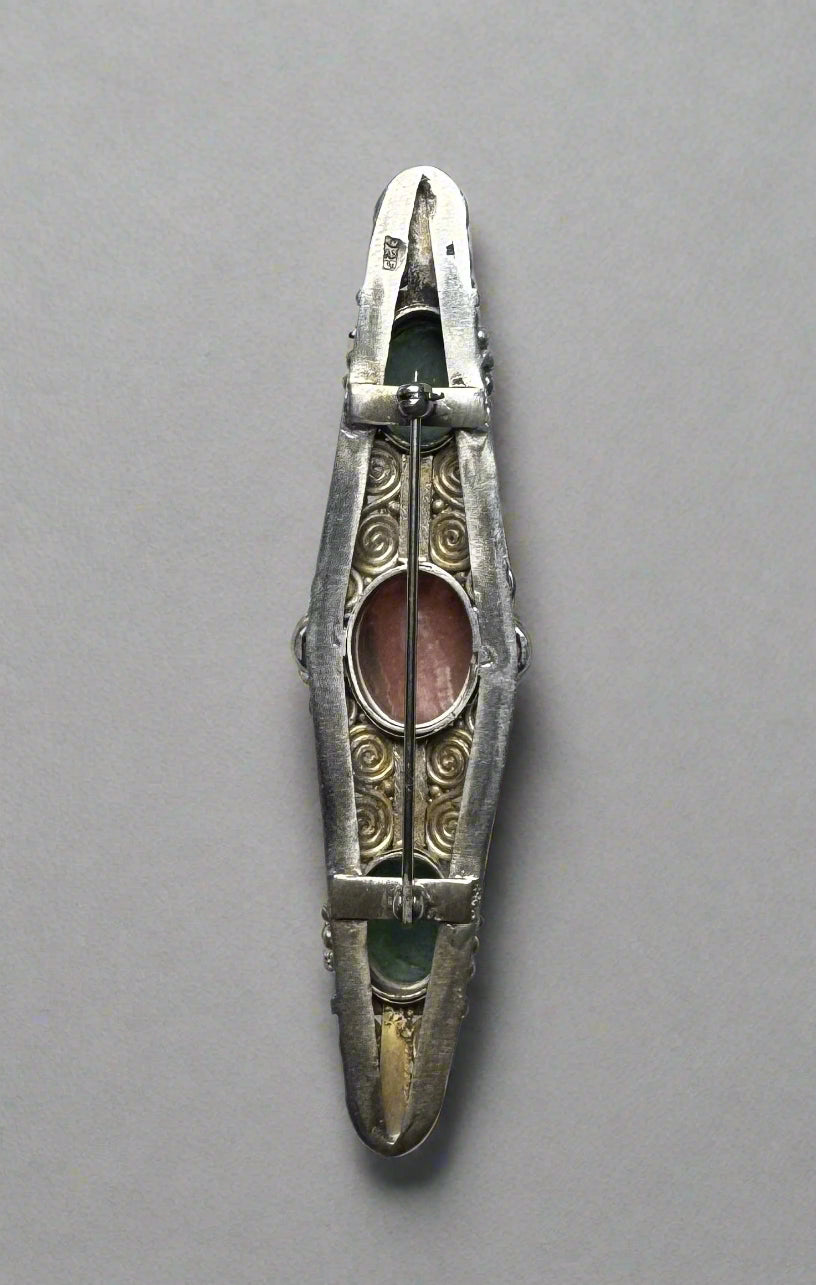 Vintage Sterling Silver Filigree Brooch with Rhodochrosite & Aventurine
