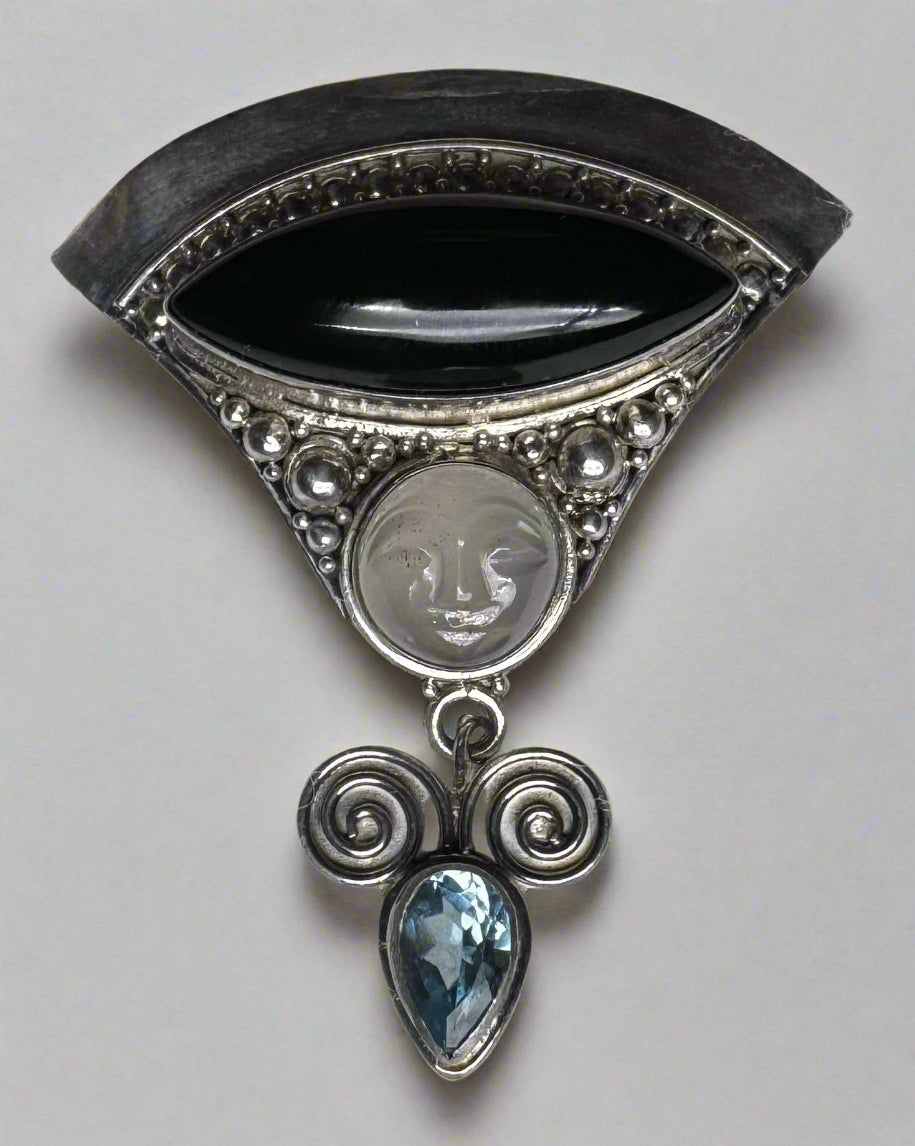 Sajen Sterling Silver Onyx, Rainbow Moonstone & Blue Topaz Pendant Brooch