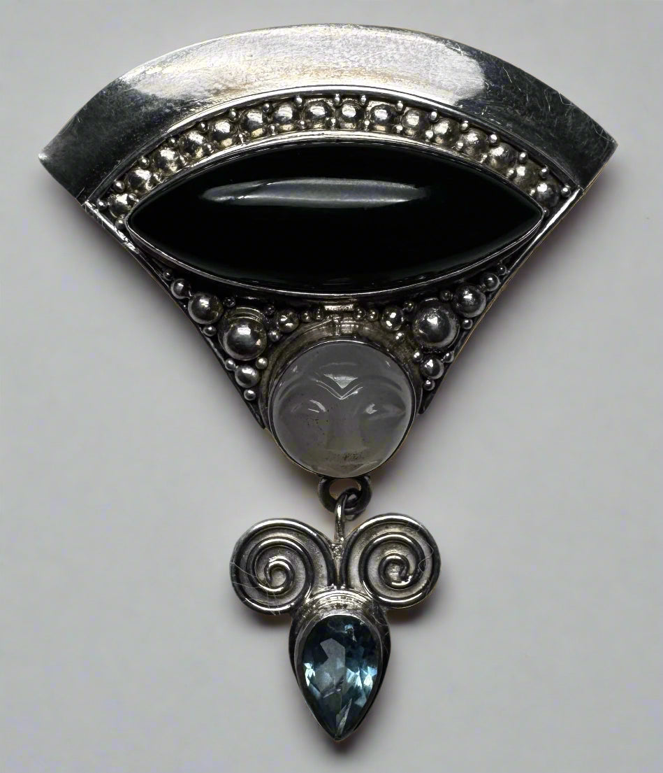 Sajen Sterling Silver Onyx, Rainbow Moonstone & Blue Topaz Pendant Brooch