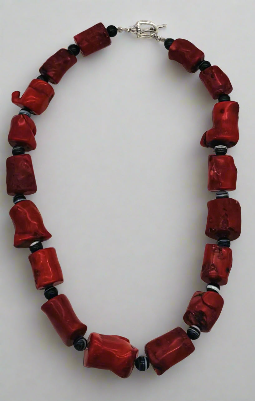 Chunky Genuine Red Coral Necklace – Sterling Silver Toggle Clasp (23")