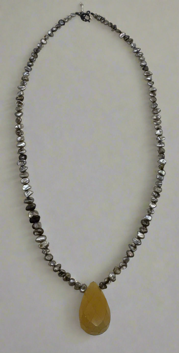 Baroque Pearl & Yellow Agate Drop Necklace β Sterling Silver Clasp (18")