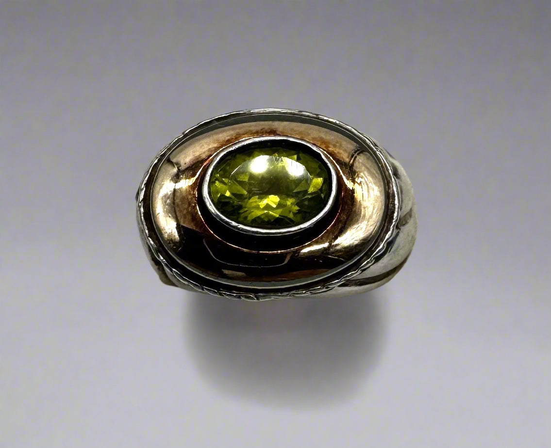 Sterling Silver & 14K Accent Statement Ring – Green Gemstone – Size 8.5