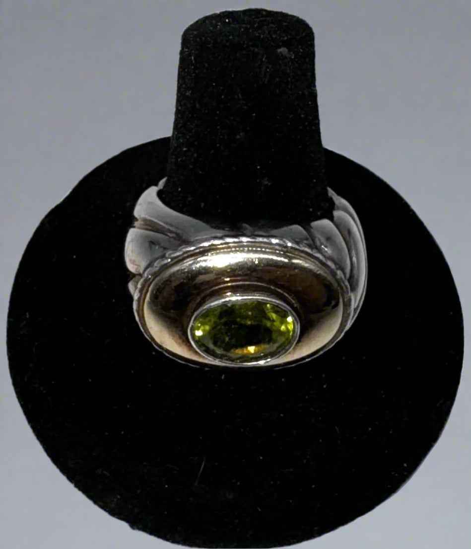 Sterling Silver & 14K Accent Statement Ring – Green Gemstone – Size 8.5