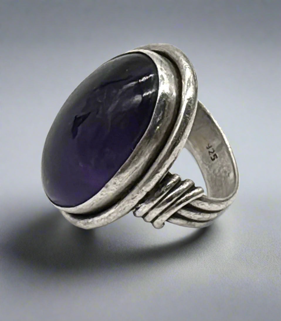 Sterling Silver Amethyst Ring – Size 6 Oval Cabochon with Wrapped Band Detail