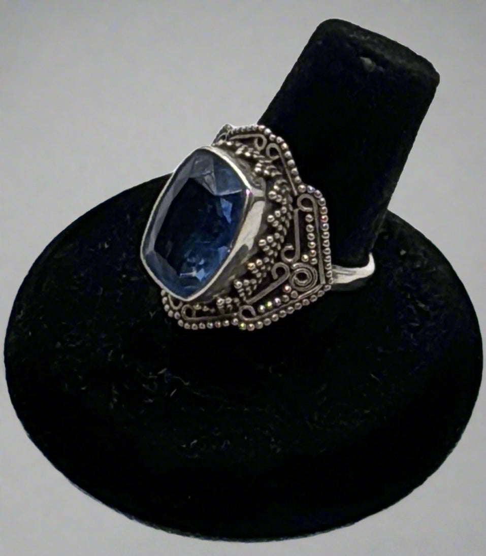 Art Deco Sterling Silver Ring – Size 7 – Bold Blue Statement Stone