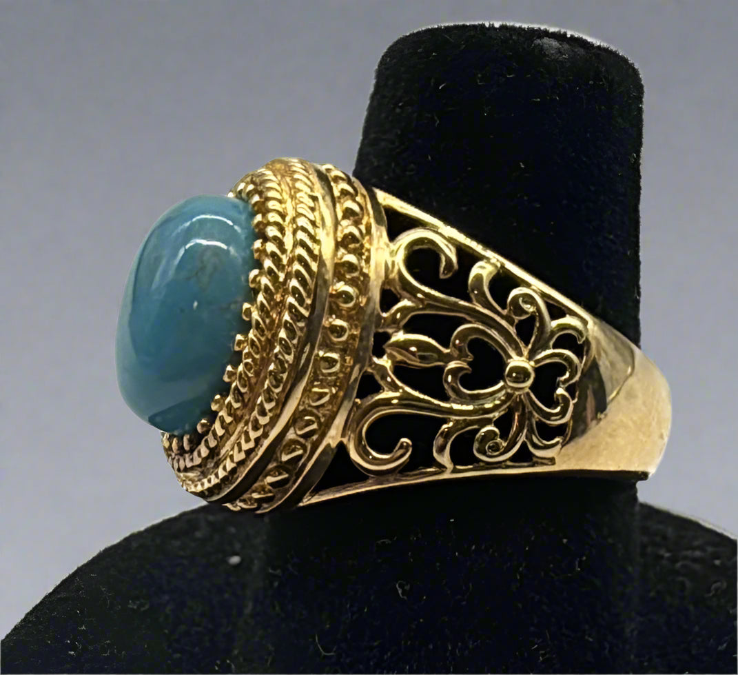 Gold Over Sterling Silver Filigree Ring – Blue Stone Cabochon – Size 6
