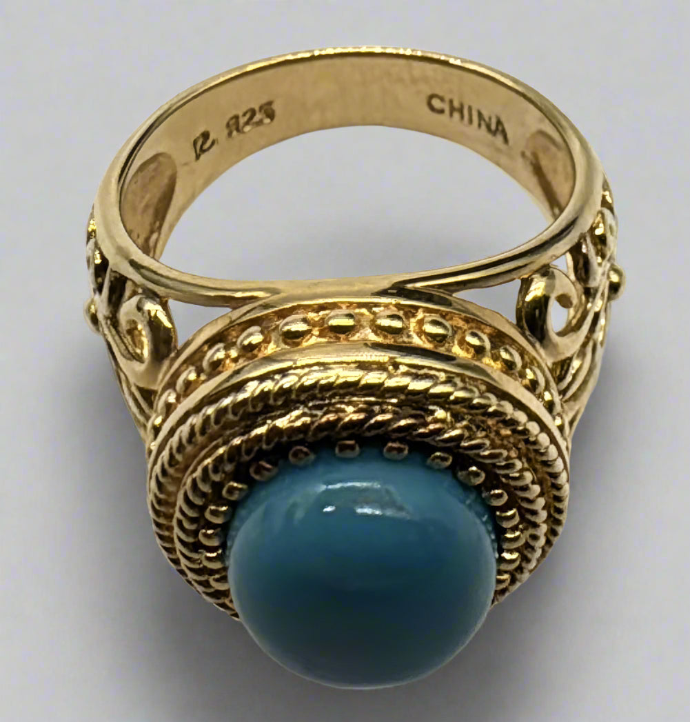 Gold Over Sterling Silver Filigree Ring – Blue Stone Cabochon – Size 6