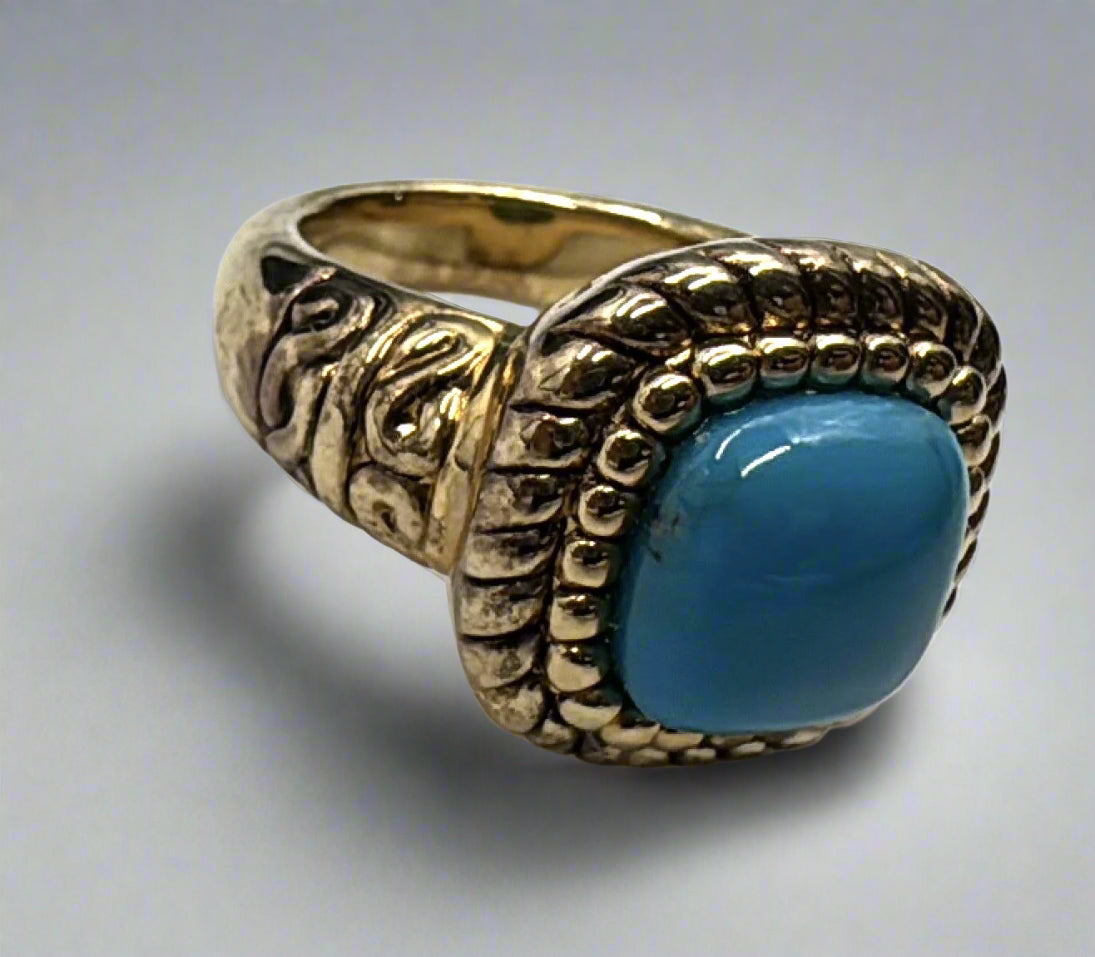 Gold Over Sterling Silver Ornate Ring – Blue Stone Center – Size 6