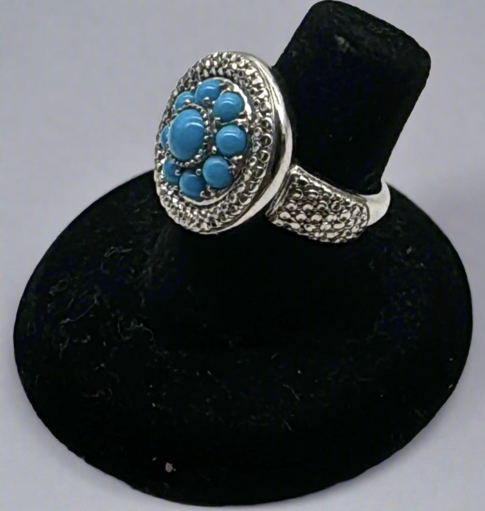 Sterling Silver & Turquoise CZ Cluster Ring – Size 5.5