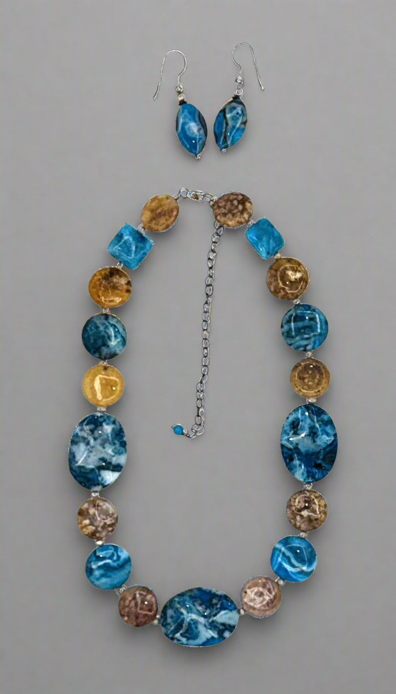 Sterling Silver Bold Blue & Earth Tone Beaded Necklace & Earring Set