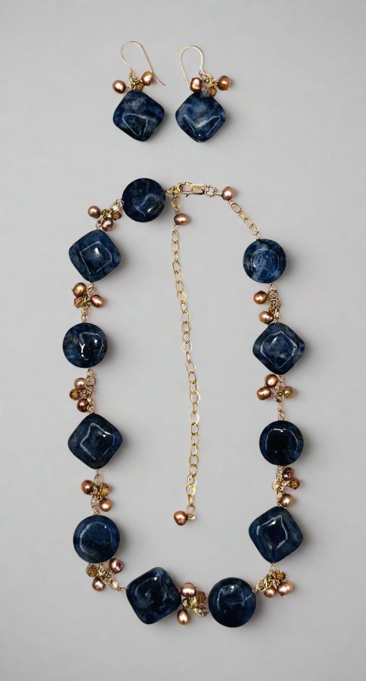 Gold Over Sterling Silver Navy & Bronze Gemstone Necklace & Earring Set