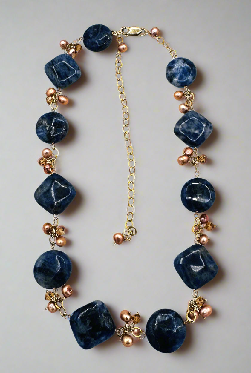 Gold Over Sterling Silver Navy & Bronze Gemstone Necklace & Earring Set