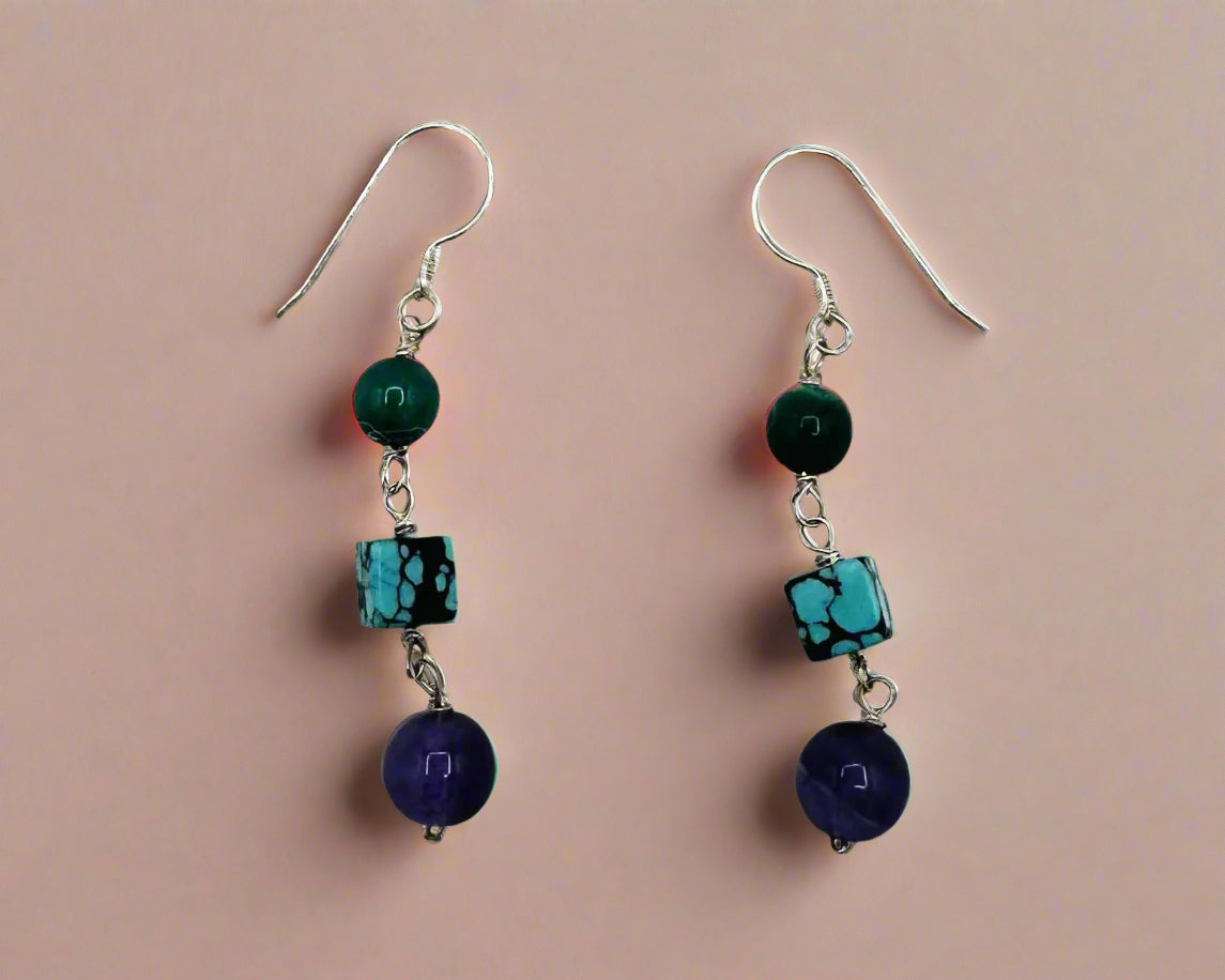 Malachite & Amethyst Beaded Necklace and Earring Set – Sterling Silver (SS)