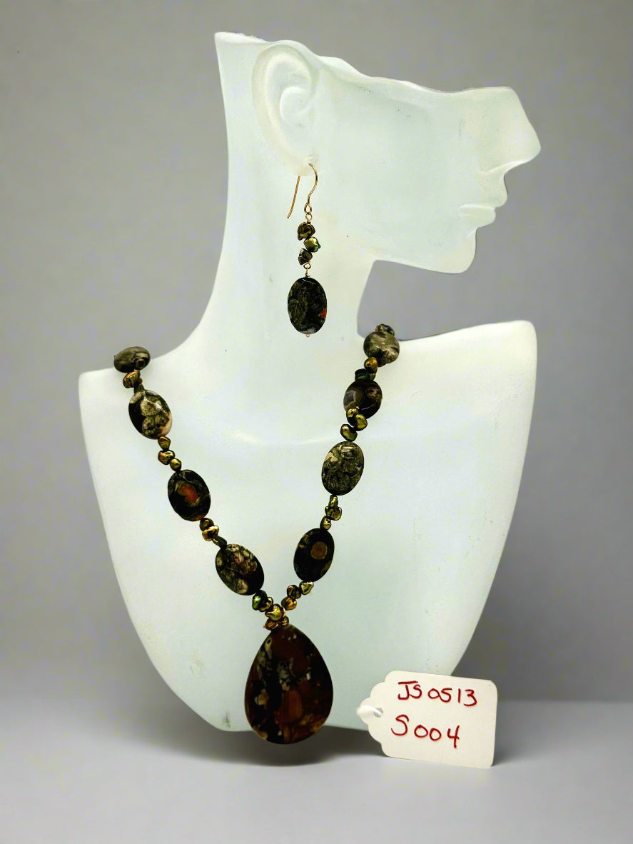 Ocean Jasper & Shell Bead Necklace and Earring Set – 14/20 Gold over Sterling (GF)