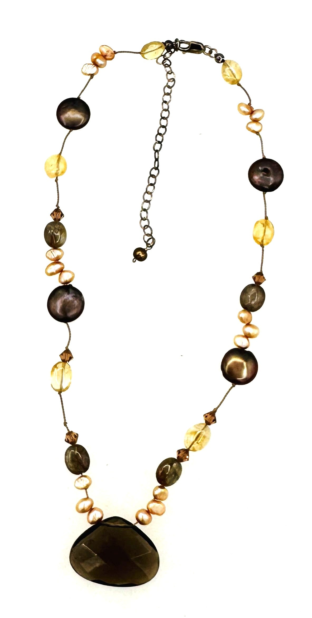 Earthy Elegance: Smoky Quartz & Freshwater Pearl Necklace & Earring Set (Gold Over SS)