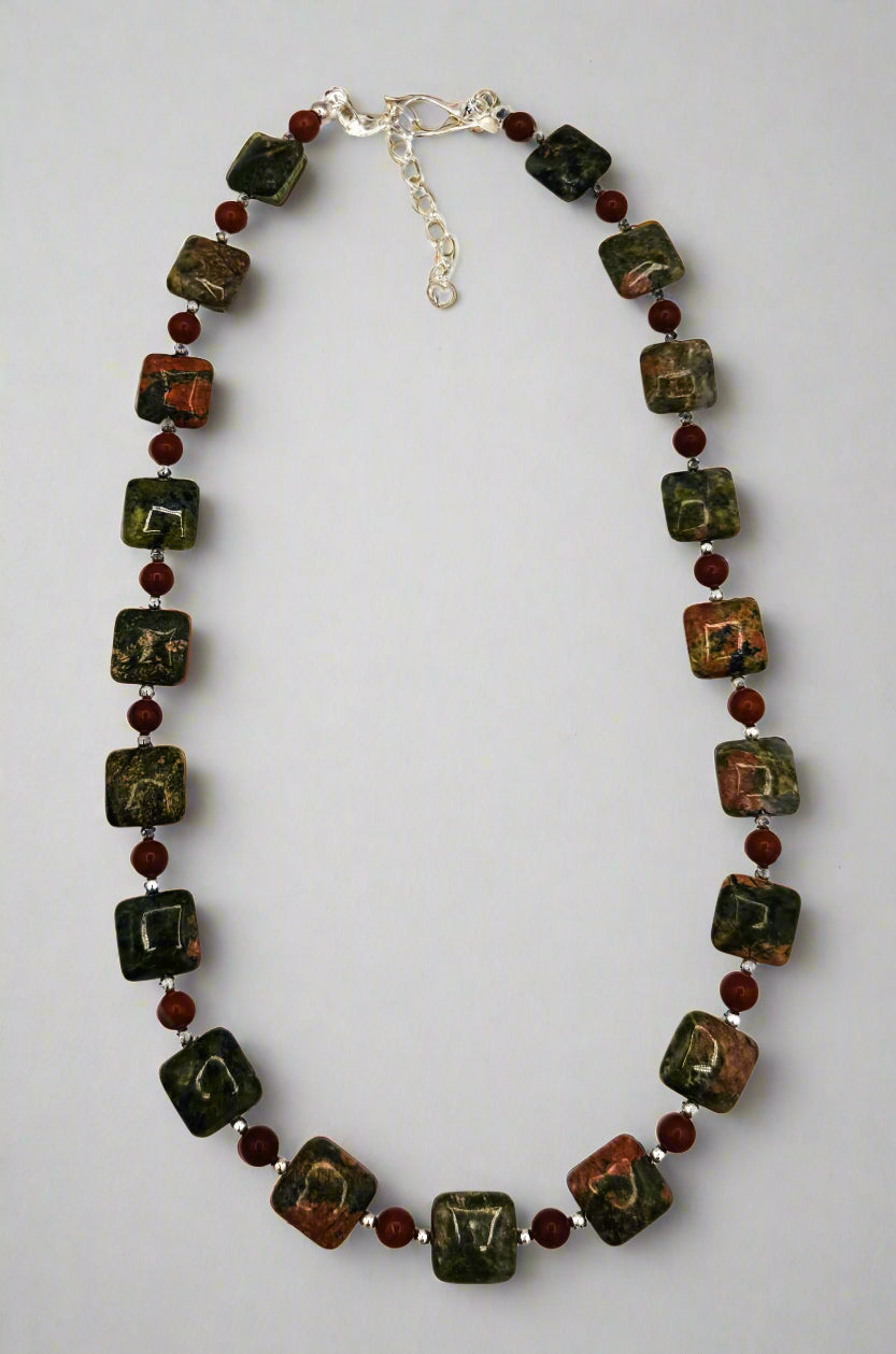 Jay King DTR Unakite Square Bead Necklace – Sterling Silver (SS)