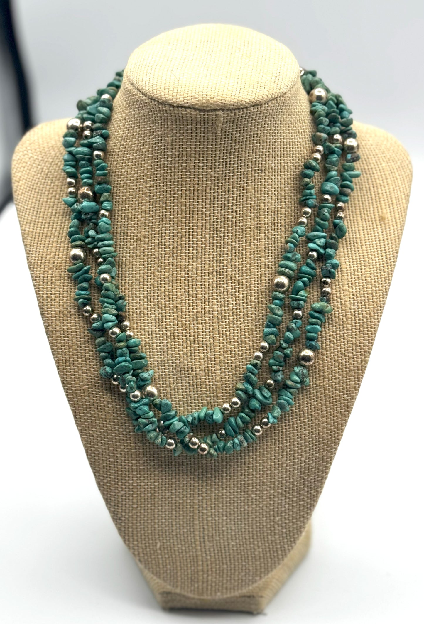 Turquoise Chip & Silver-Bead 3-Strand Necklace + Bracelet Set