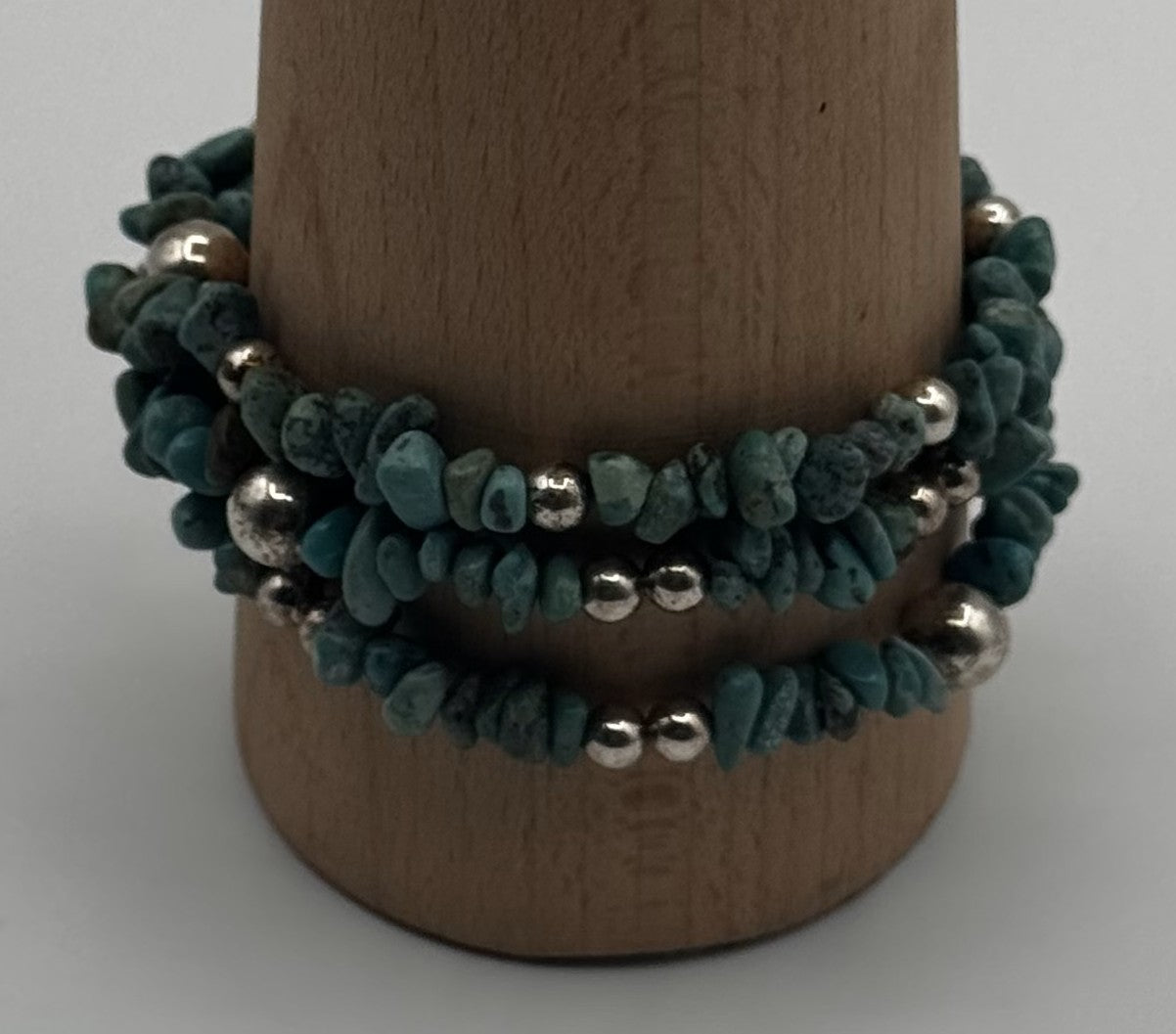 Turquoise Chip & Silver-Bead 3-Strand Necklace + Bracelet Set