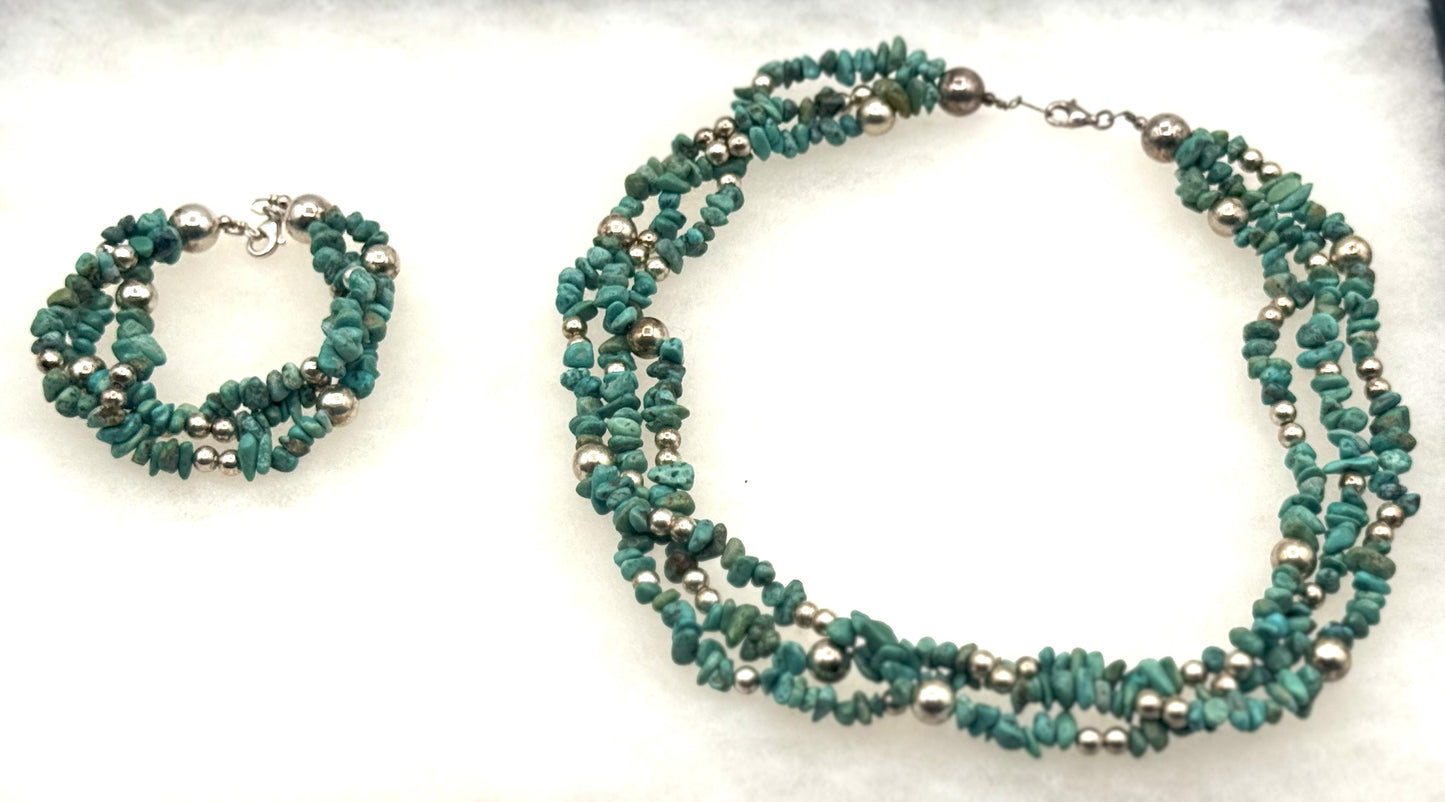 Turquoise Chip & Silver-Bead 3-Strand Necklace + Bracelet Set