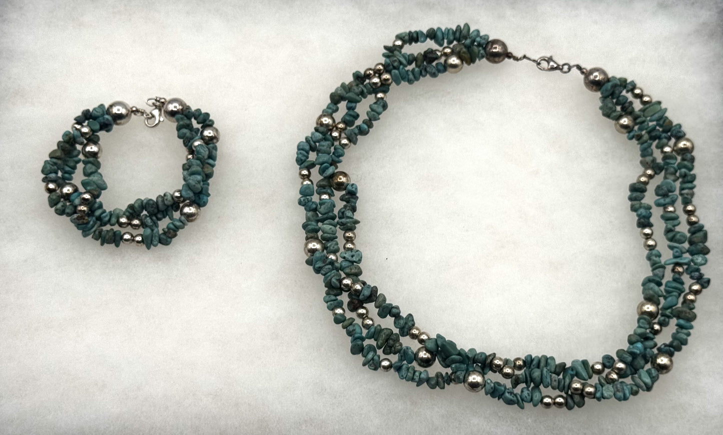 Turquoise Chip & Silver-Bead 3-Strand Necklace + Bracelet Set