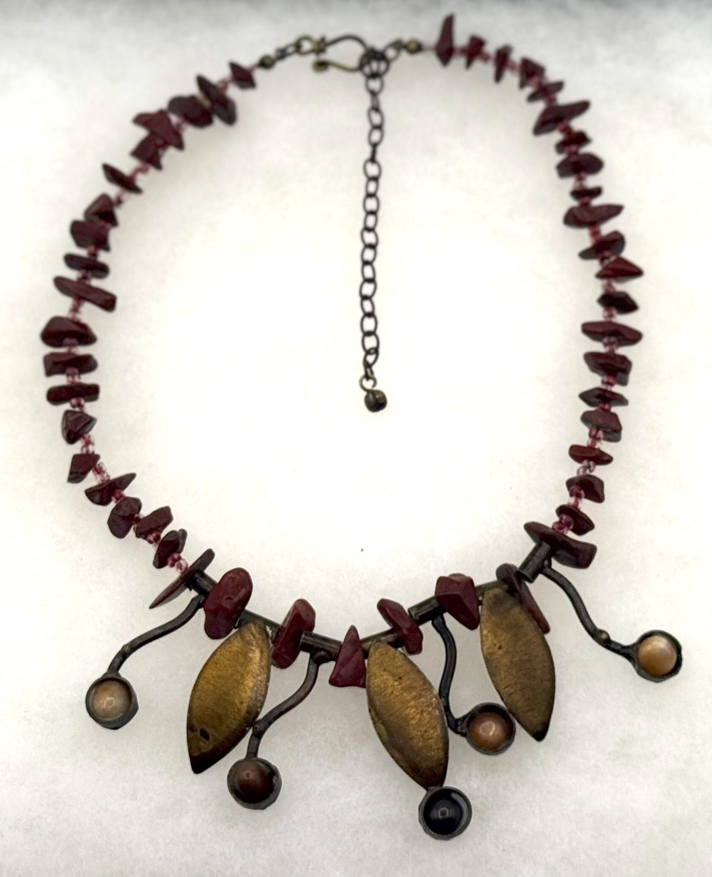 Vintage Art Nouveau Boho Necklace – Red Jasper Chips, Brass Leaf Charms & Beaded Dangles