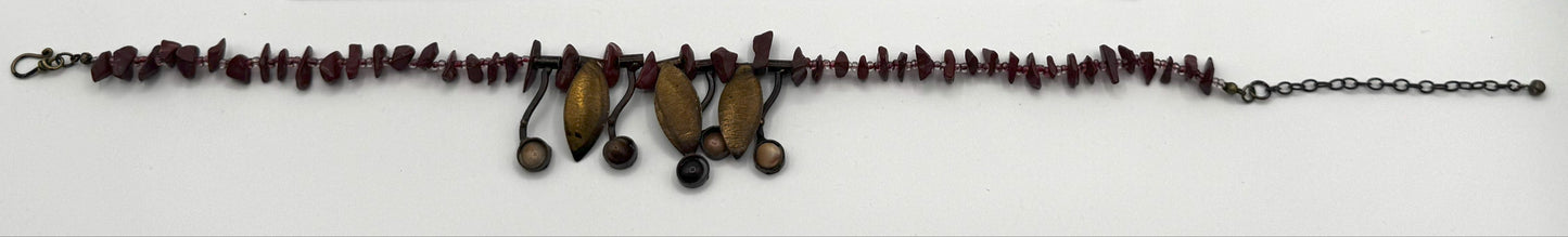 Vintage Art Nouveau Boho Necklace – Red Jasper Chips, Brass Leaf Charms & Beaded Dangles