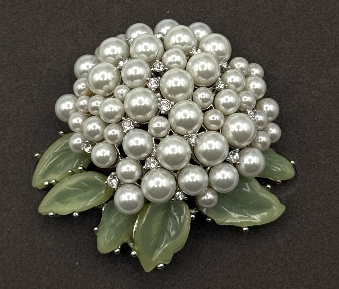Nolan Miller Glamour Collection Mum Brooch – Faux Pearls, Rhinestones & Green Enamel Leaves