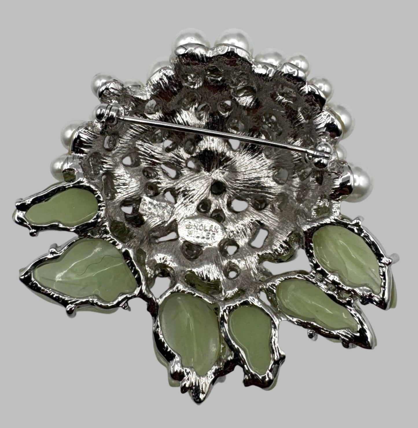 Nolan Miller Glamour Collection Mum Brooch – Faux Pearls, Rhinestones & Green Enamel Leaves