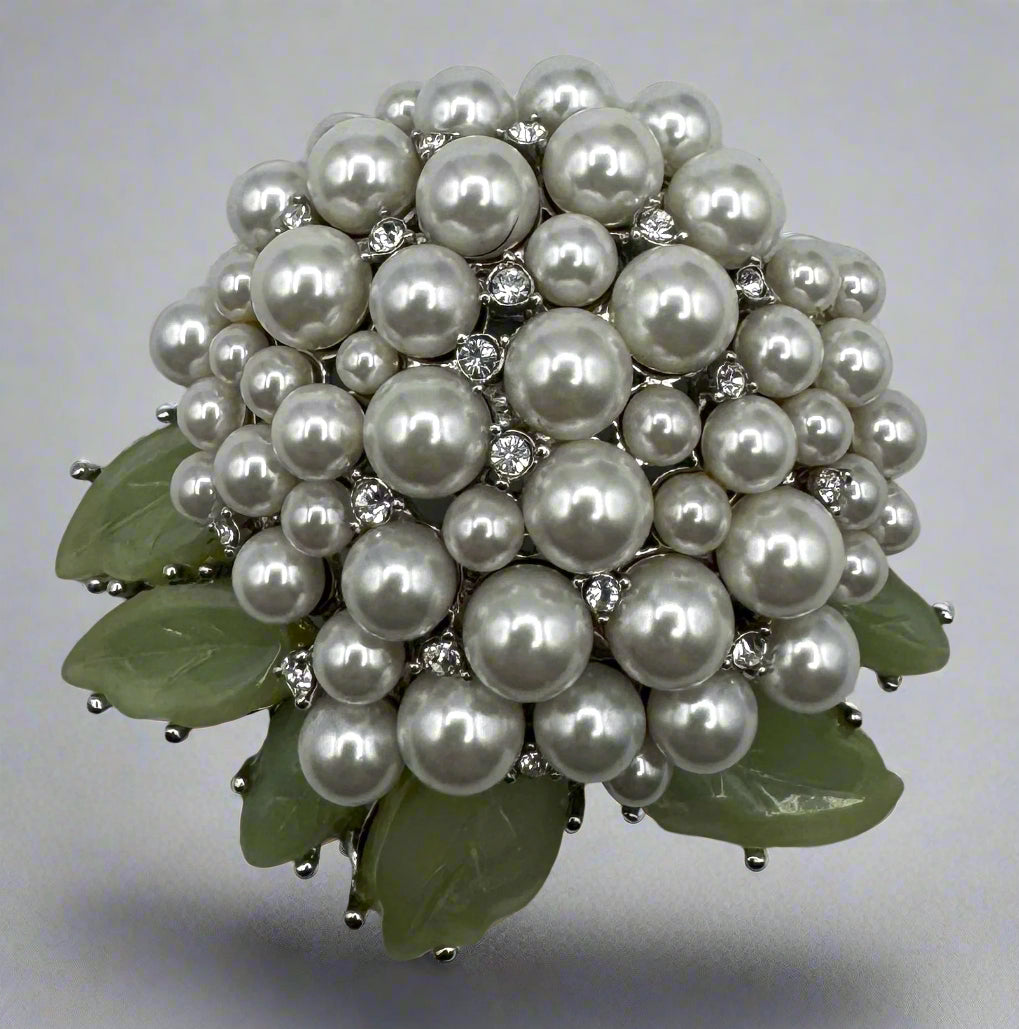 Nolan Miller Glamour Collection Mum Brooch – Faux Pearls, Rhinestones & Green Enamel Leaves