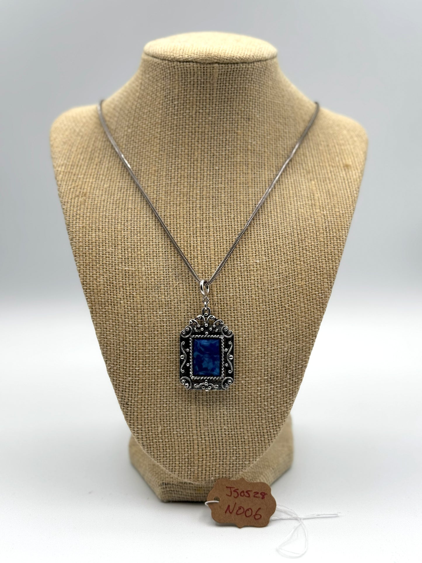 Vintage Boho Sterling Silver Necklace with Ornate Blue Glass Pendant