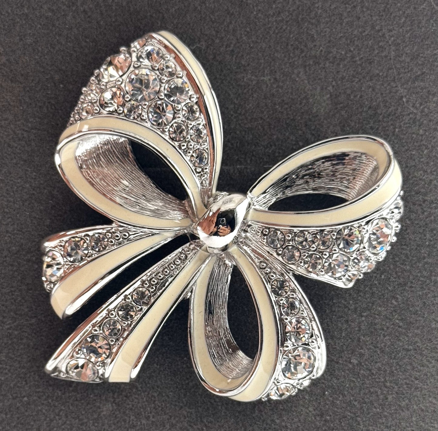 Nolan Miller Rhinestone Bow Brooch – Glamour Collection Silvertone & Enamel Pin