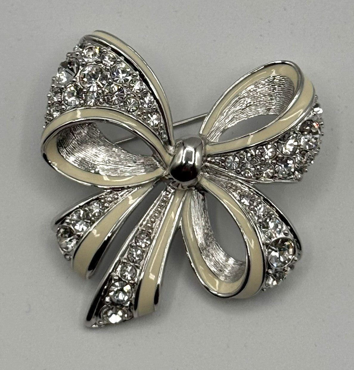 Nolan Miller Rhinestone Bow Brooch – Glamour Collection Silvertone & Enamel Pin