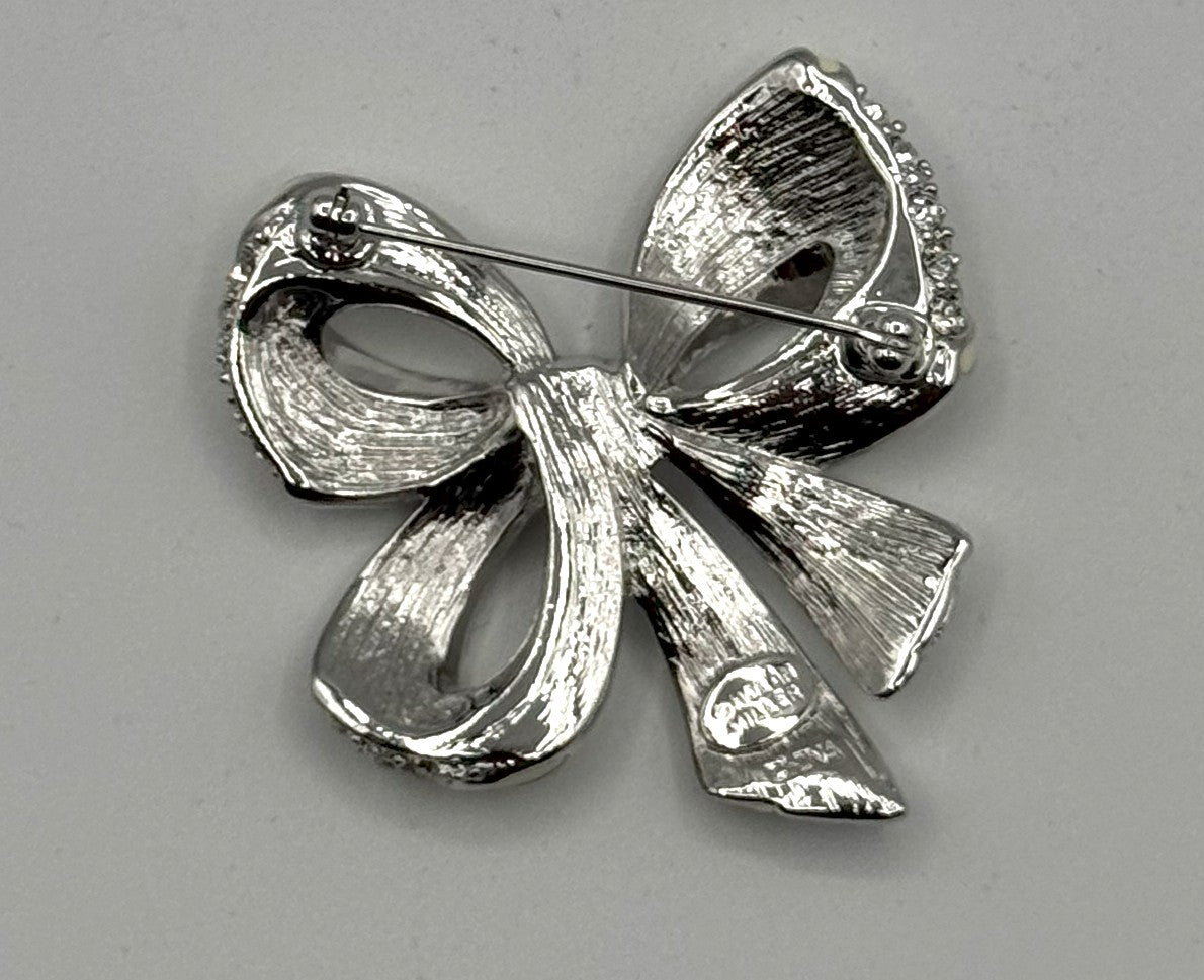 Nolan Miller Rhinestone Bow Brooch – Glamour Collection Silvertone & Enamel Pin