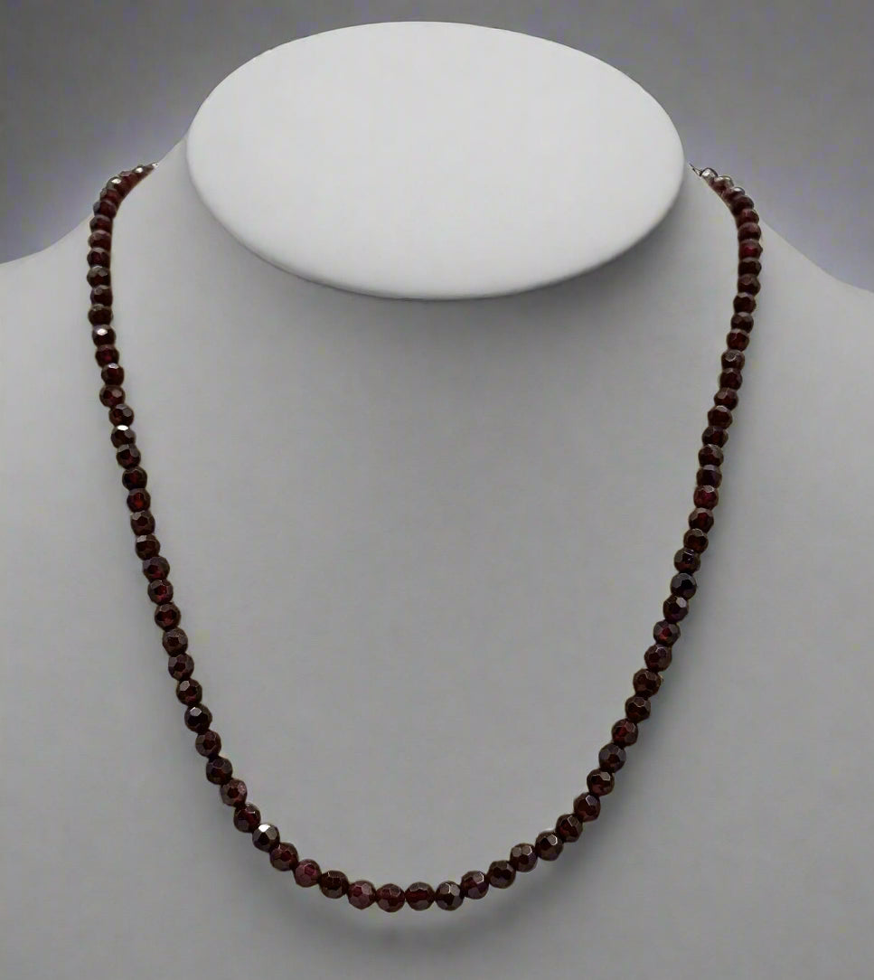 Faceted Deep Red Crystal Bead Necklace with Sterling Silver Clasp – 18" + Extender