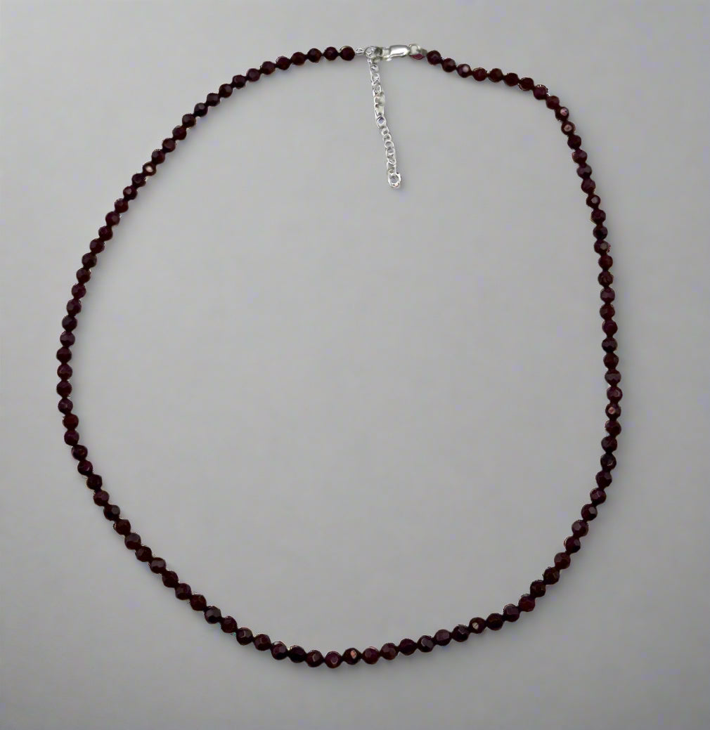 Faceted Deep Red Crystal Bead Necklace with Sterling Silver Clasp – 18" + Extender
