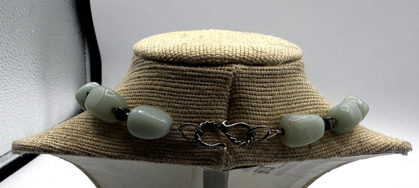 Chunky Green Jade Bead Necklace with Sterling Silver Geometric Pendant
