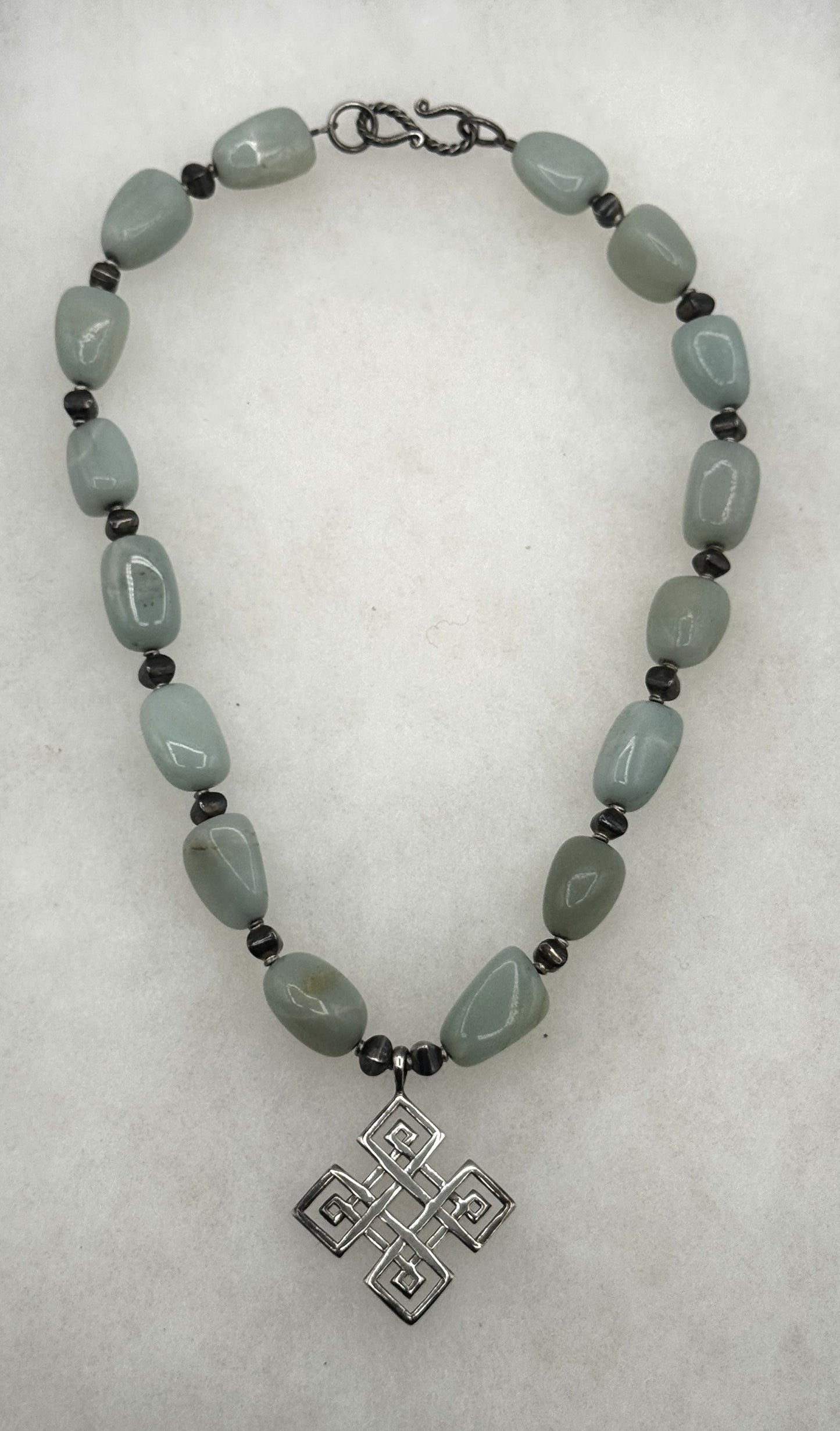 Chunky Green Jade Bead Necklace with Sterling Silver Geometric Pendant