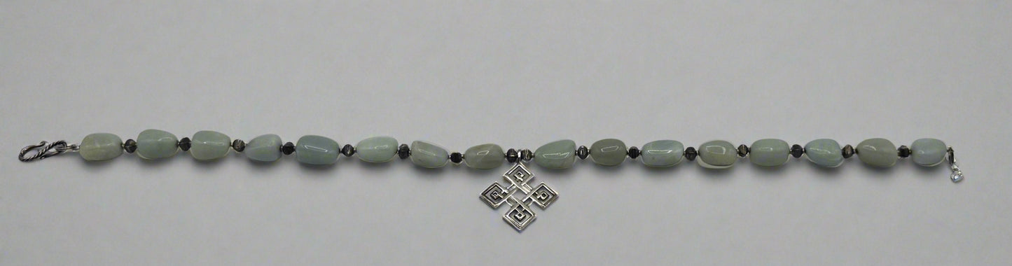 Chunky Green Jade Bead Necklace with Sterling Silver Geometric Pendant