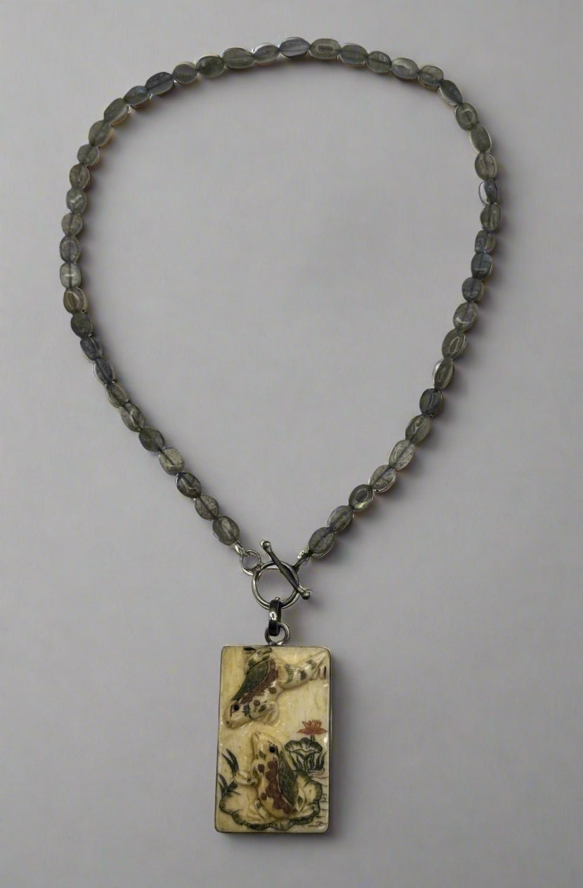 Vintage Carved Bone Frog Pendant Necklace – Labradorite Beads & Sterling Silver Toggle Clasp