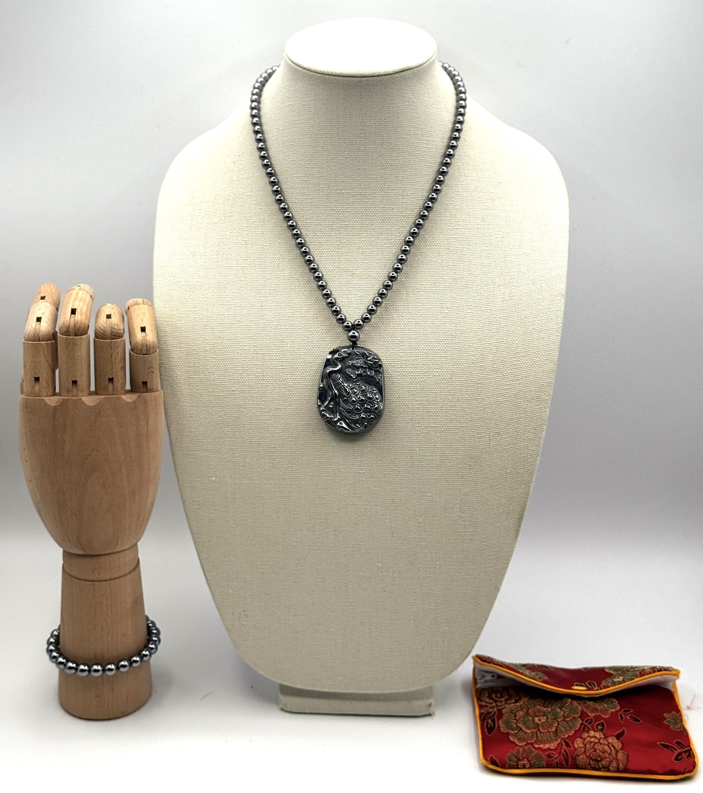 Sterling Silver Terahertz Bead Necklace with Carved Peacock Pendant + Matching Bracelet
